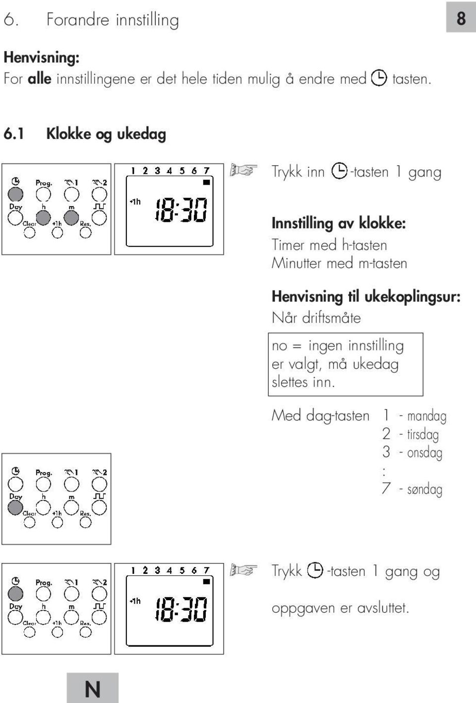 m-tasten Henvisning til ukekoplingsur: Når driftsmåte no = ingen innstilling er valgt, må ukedag slettes