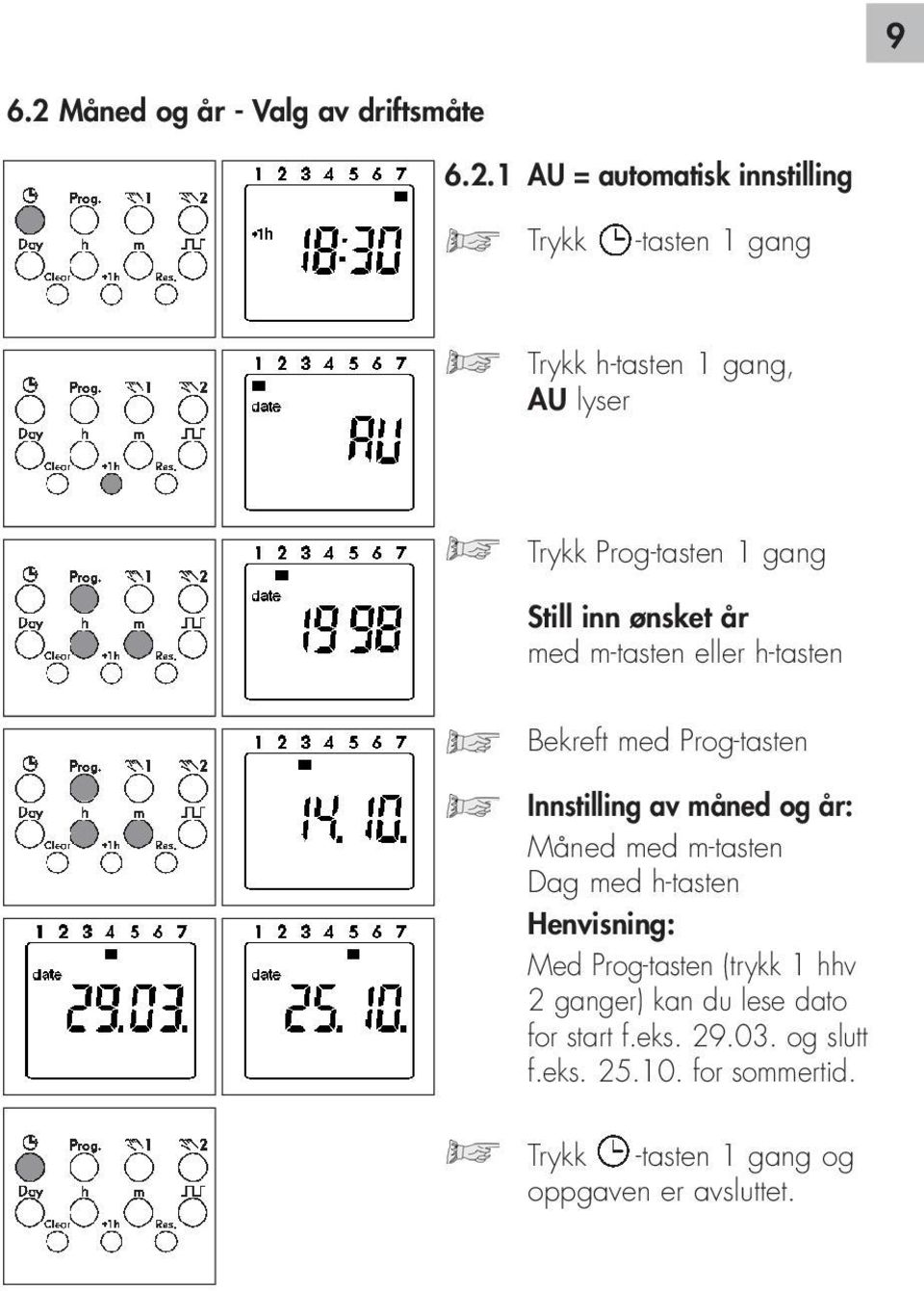 1 AU = automatisk innstilling Trykk -tasten 1 gang Trykk h-tasten 1 gang, AU lyser Trykk Prog-tasten 1 gang Still