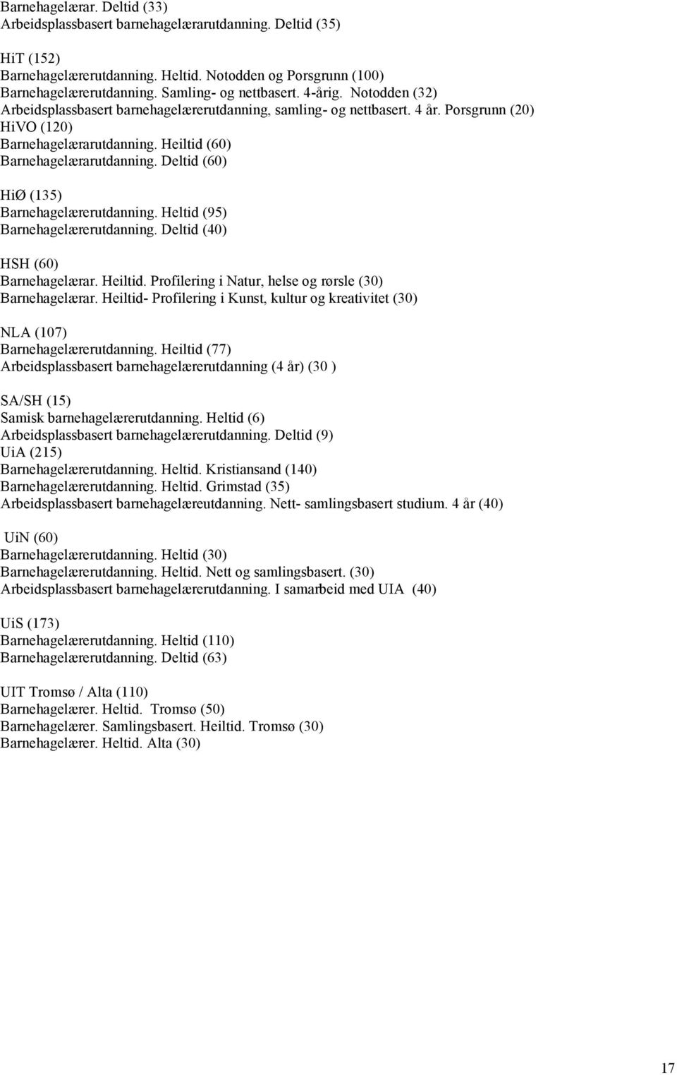 Heiltid (60) Barnehagelærarutdanning. Deltid (60) HiØ (135) Barnehagelærerutdanning. Heltid (95) Barnehagelærerutdanning. Deltid (40) HSH (60) Barnehagelærar. Heiltid.