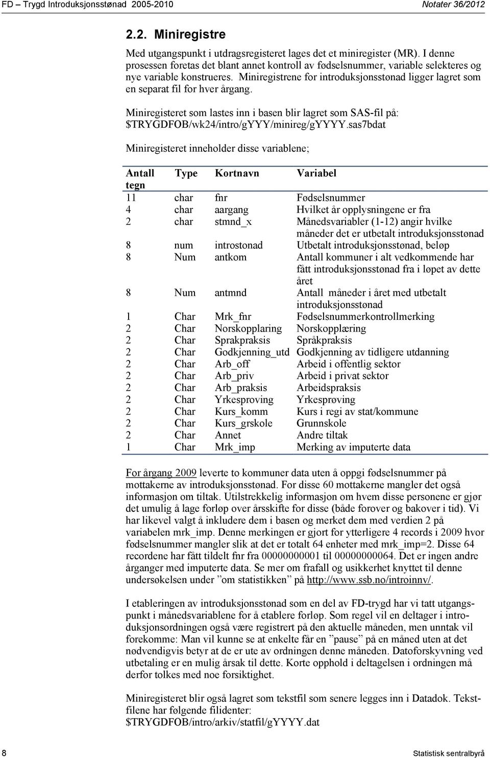 Miniregistrene for introduksjonsstønad ligger lagret som en separat fil for hver årgang. Miniregisteret som lastes inn i basen blir lagret som SAS-fil på: $TRYGDFOB/wk24/intro/gYYY/minireg/gYYYY.