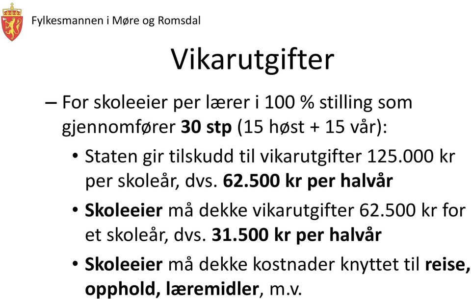 500 kr per halvår Skoleeier må dekke vikarutgifter 62.500 kr for et skoleår, dvs. 31.