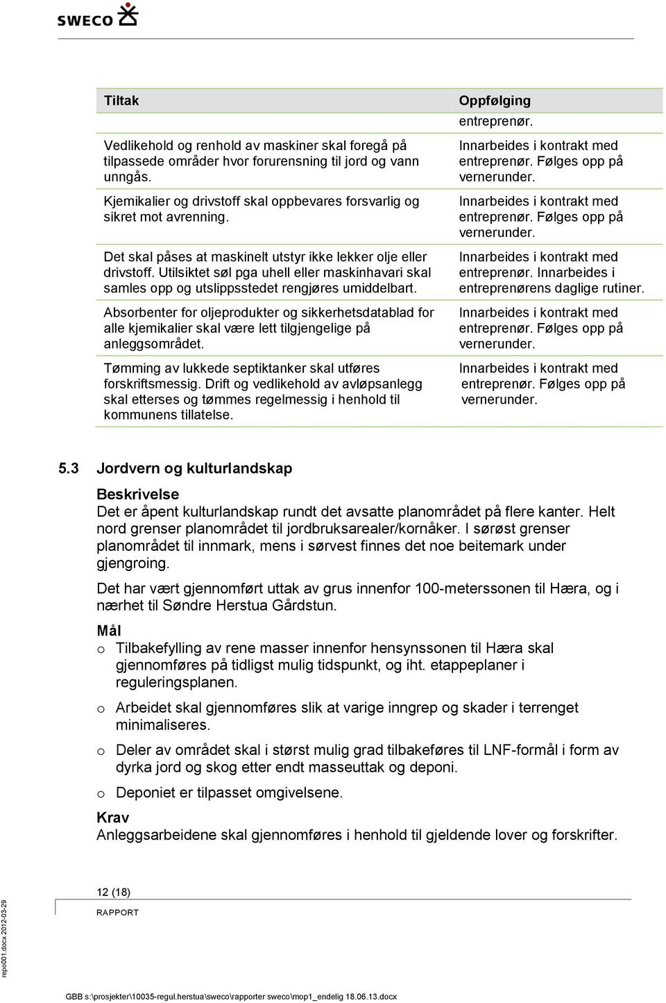 Absorbenter for oljeprodukter og sikkerhetsdatablad for alle kjemikalier skal være lett tilgjengelige på anleggsområdet. Tømming av lukkede septiktanker skal utføres forskriftsmessig.