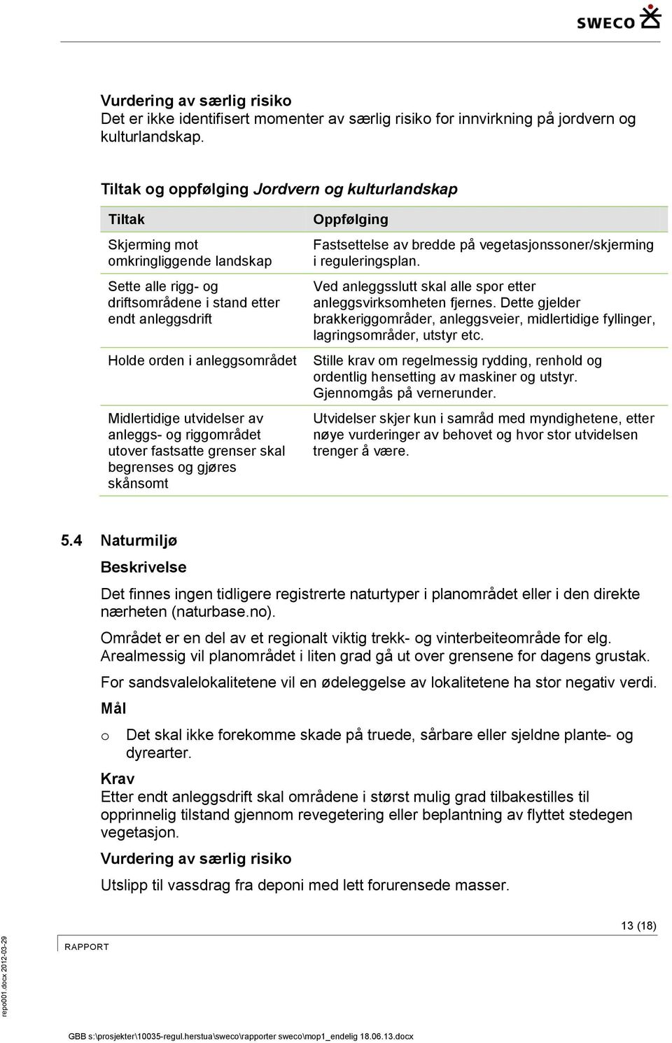 Midlertidige utvidelser av anleggs- og riggområdet utover fastsatte grenser skal begrenses og gjøres skånsomt Oppfølging Fastsettelse av bredde på vegetasjonssoner/skjerming i reguleringsplan.