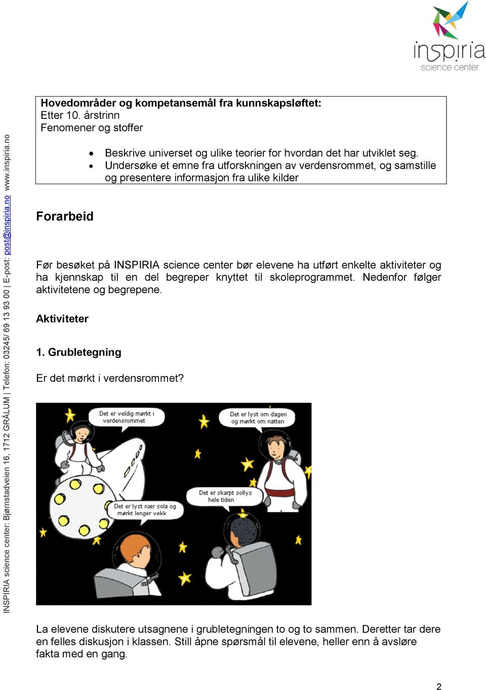 utført enkelte aktiviteter og ha kjennskap til en del begreper knyttet til skoleprogrammet. Nedenfor følger aktivitetene og begrepene. Aktiviteter 1.