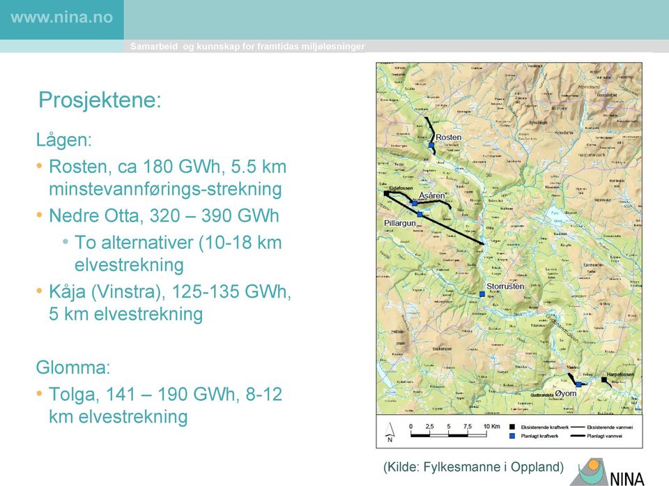 alternativer (10-18 km elvestrekning Kåja (Vinstra), 125-135 GWh,