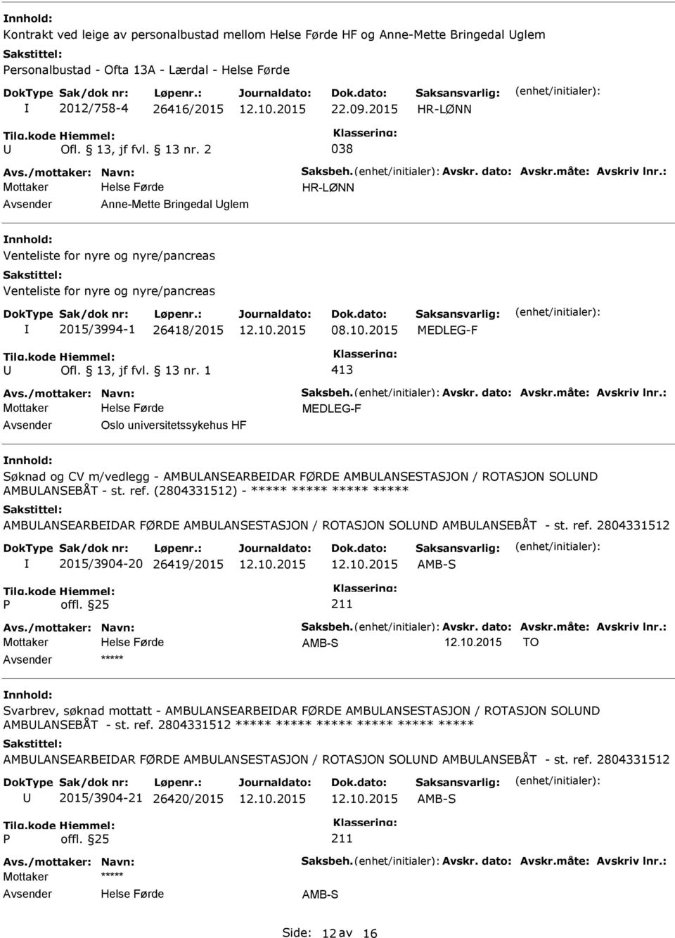 : HR-LØNN Anne-Mette Bringedal glem nnhold: Venteliste for nyre og nyre/pancreas Venteliste for nyre og nyre/pancreas 2015/3994-1 26418/2015 MEDLEG-F 413 Avs.