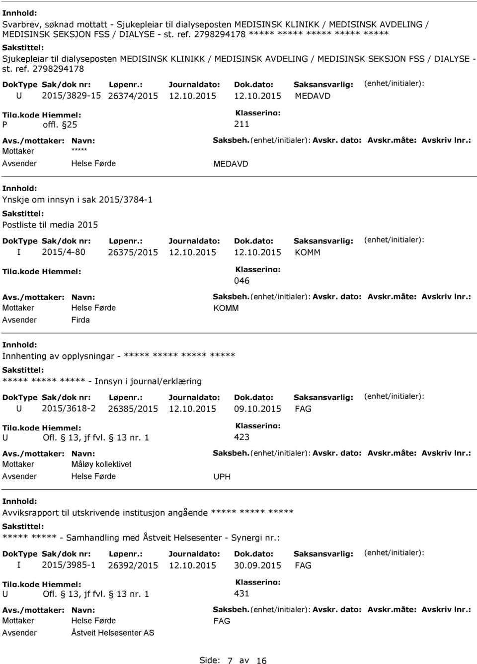 25 Avs./mottaker: Navn: Saksbeh. Avskr. dato: Avskr.måte: Avskriv lnr.: Mottaker ***** MEDAVD nnhold: Ynskje om innsyn i sak 2015/3784-1 Postliste til media 2015 2015/4-80 26375/2015 KOMM 046 Avs.