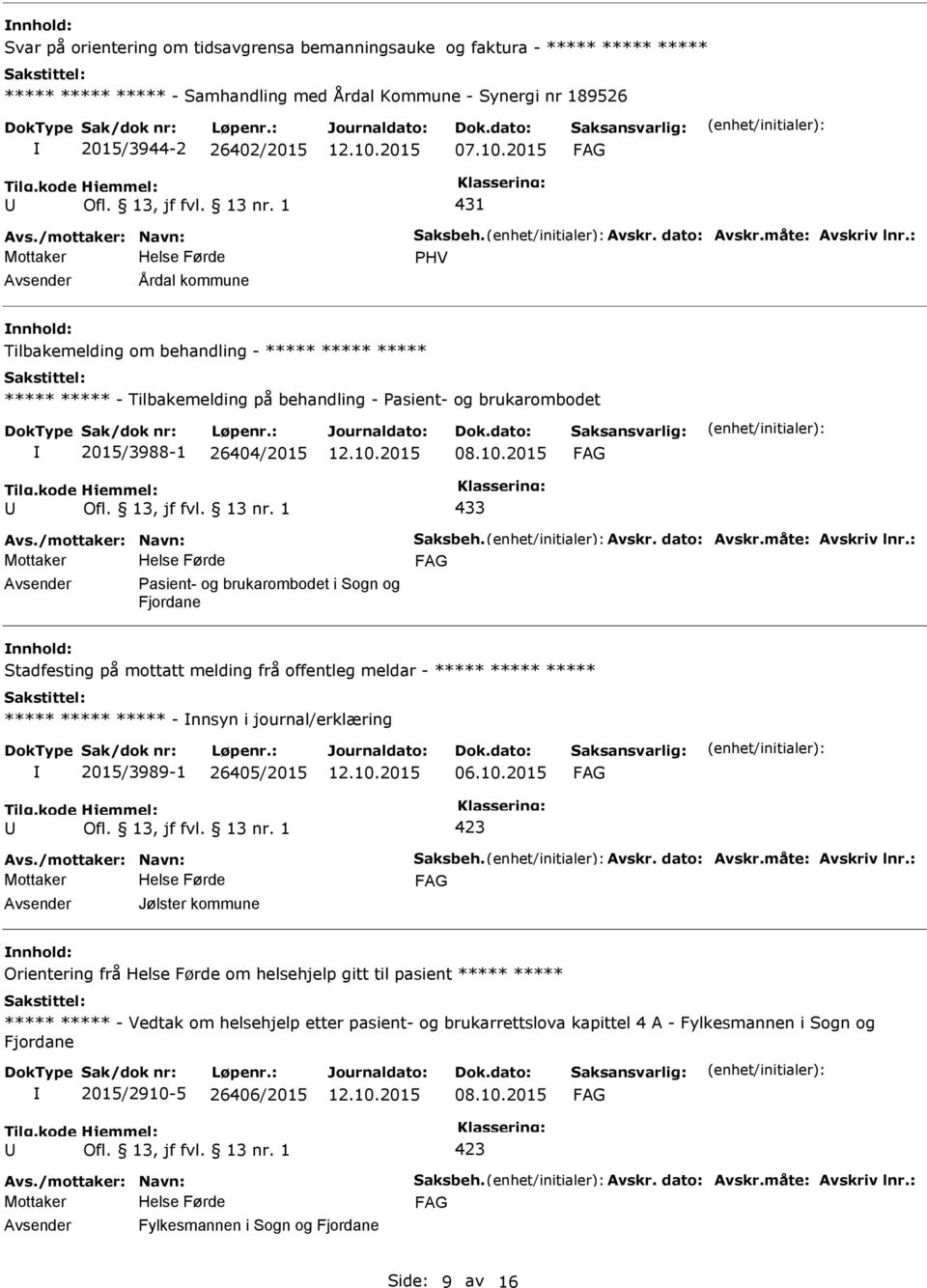 : PHV Årdal kommune nnhold: Tilbakemelding om behandling - ***** ***** ***** ***** ***** - Tilbakemelding på behandling - Pasient- og brukarombodet 2015/3988-1 26404/2015 433 Avs.