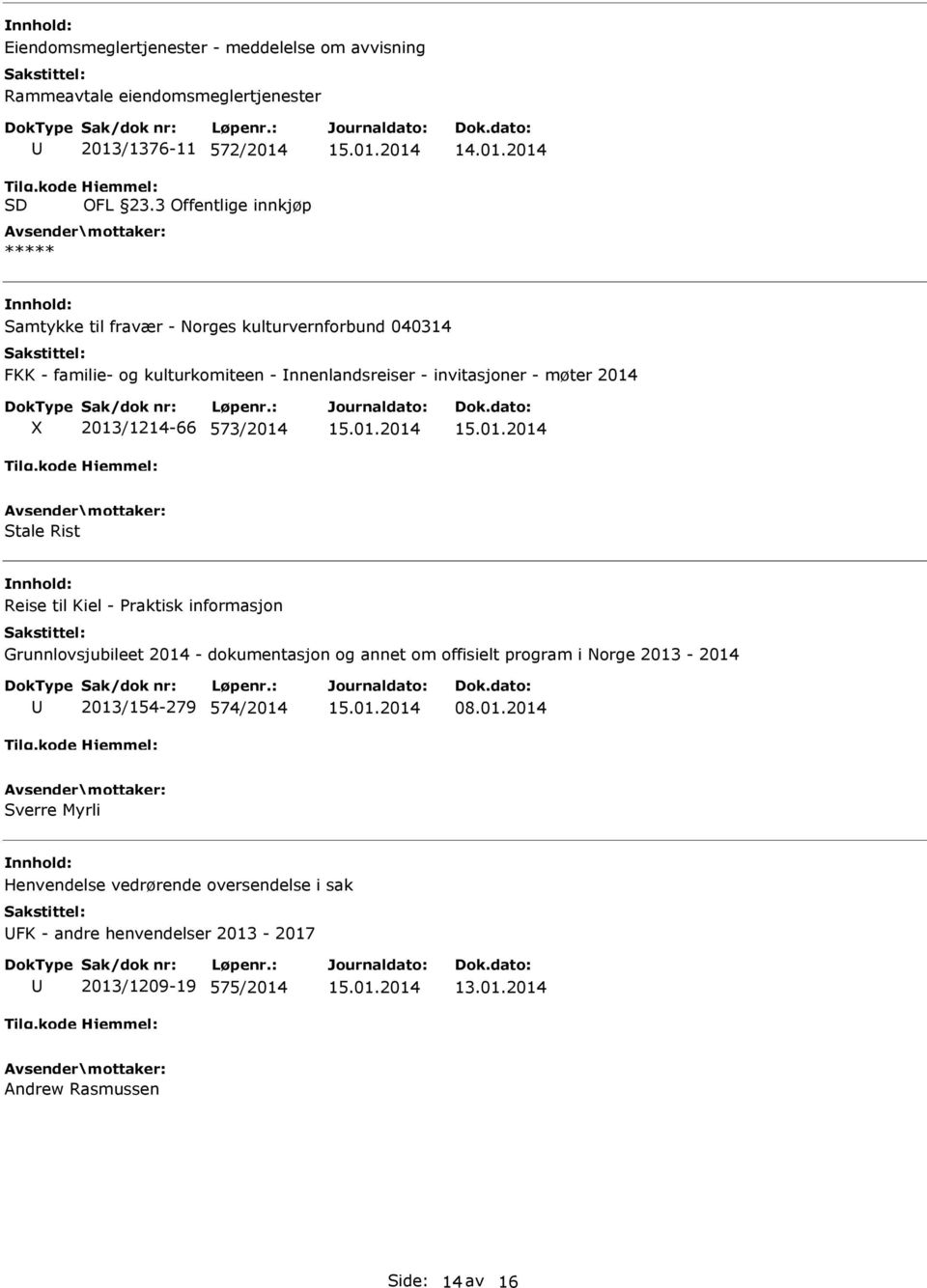 2013/1214-66 573/2014 Stale Rist Reise til Kiel - Praktisk informasjon 2013/154-279 574/2014 08.01.2014 Sverre