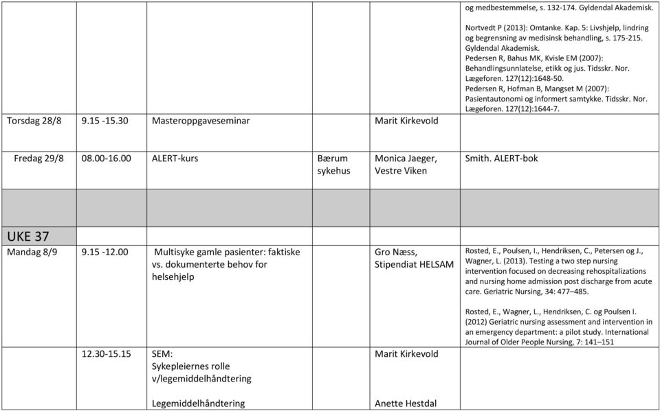 Pedersen R, Hofman B, Mangset M (2007): Pasientautonomi og informert samtykke. Tidsskr. Nor. Lægeforen. 127(12):1644-7. Fredag 29/8 08.00-16.