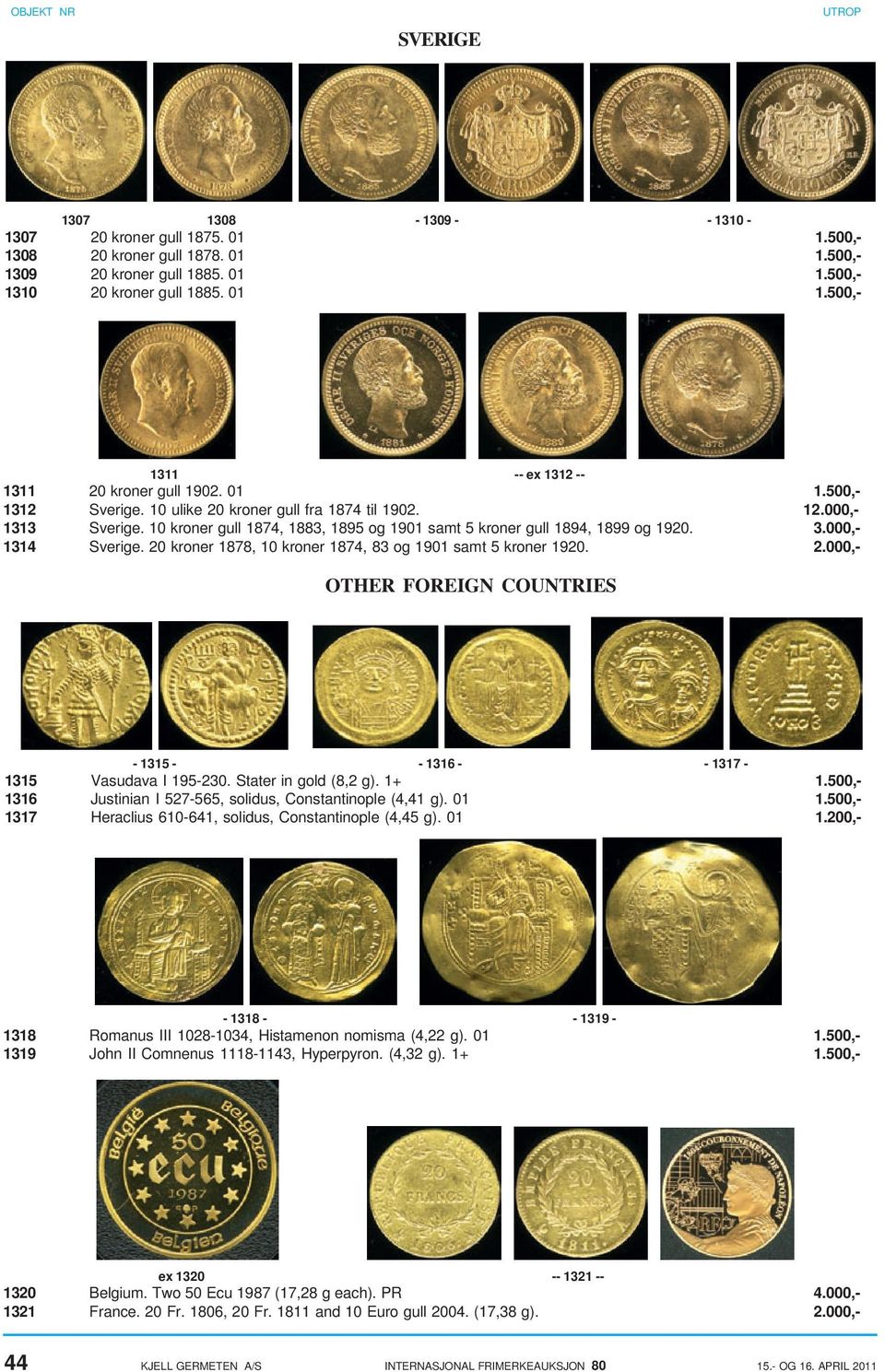 20 kroner 1878, 10 kroner 1874, 83 og 1901 samt 5 kroner 1920. 2.000,- OTHER FOREIGN COUNTRIES - 1315 - - 1316 - - 1317-1315 Vasudava I 195-230. Stater in gold (8,2 g). 1+ 1.