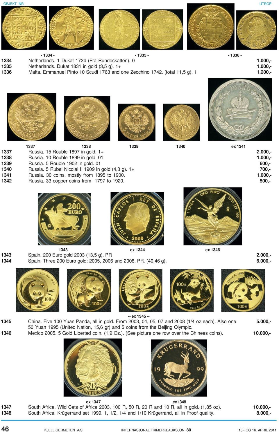 000,- 1339 Russia. 5 Rouble 1902 in gold. 01 600,- 1340 Russia. 5 Rubel Nicolai II 1909 in gold (4,3 g). 1+ 700,- 1341 Russia. 30 coins, mostly from 1895 to 1900. 1.000,- 1342 Russia.