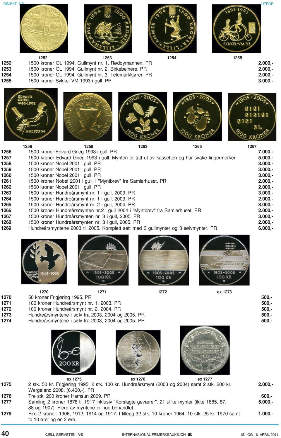 Mynten er tatt ut av kassetten og har svake fingermerker. 5.000,- 1258 1500 kroner Nobel 2001 i gull. PR 3.000,- 1259 1500 kroner Nobel 2001 i gull. PR 3.000,- 1260 1500 kroner Nobel 2001 i gull.