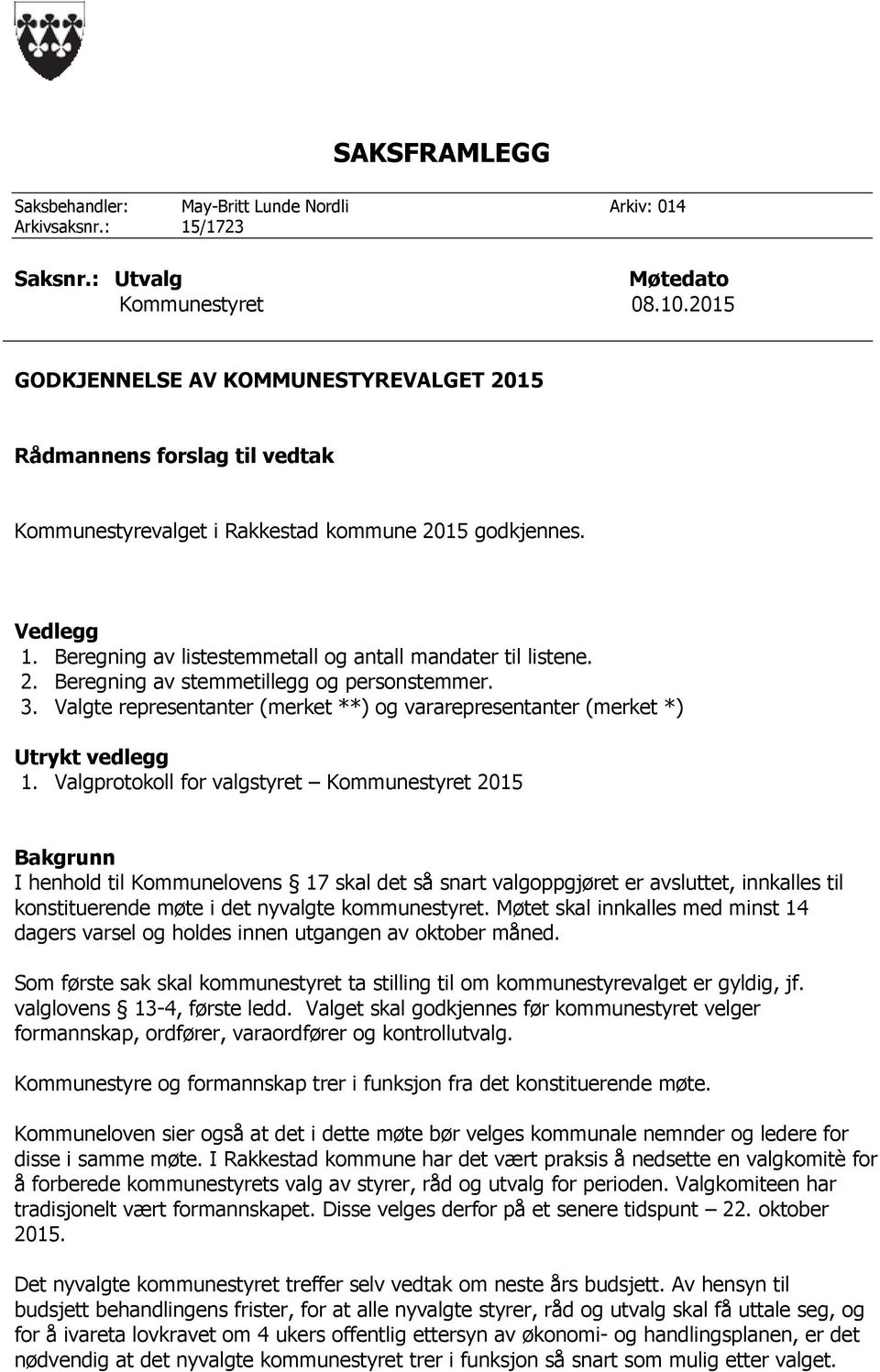 Beregning av listestemmetall og antall mandater til listene. 2. Beregning av stemmetillegg og personstemmer. 3. Valgte representanter (merket **) og vararepresentanter (merket *) Utrykt vedlegg 1.