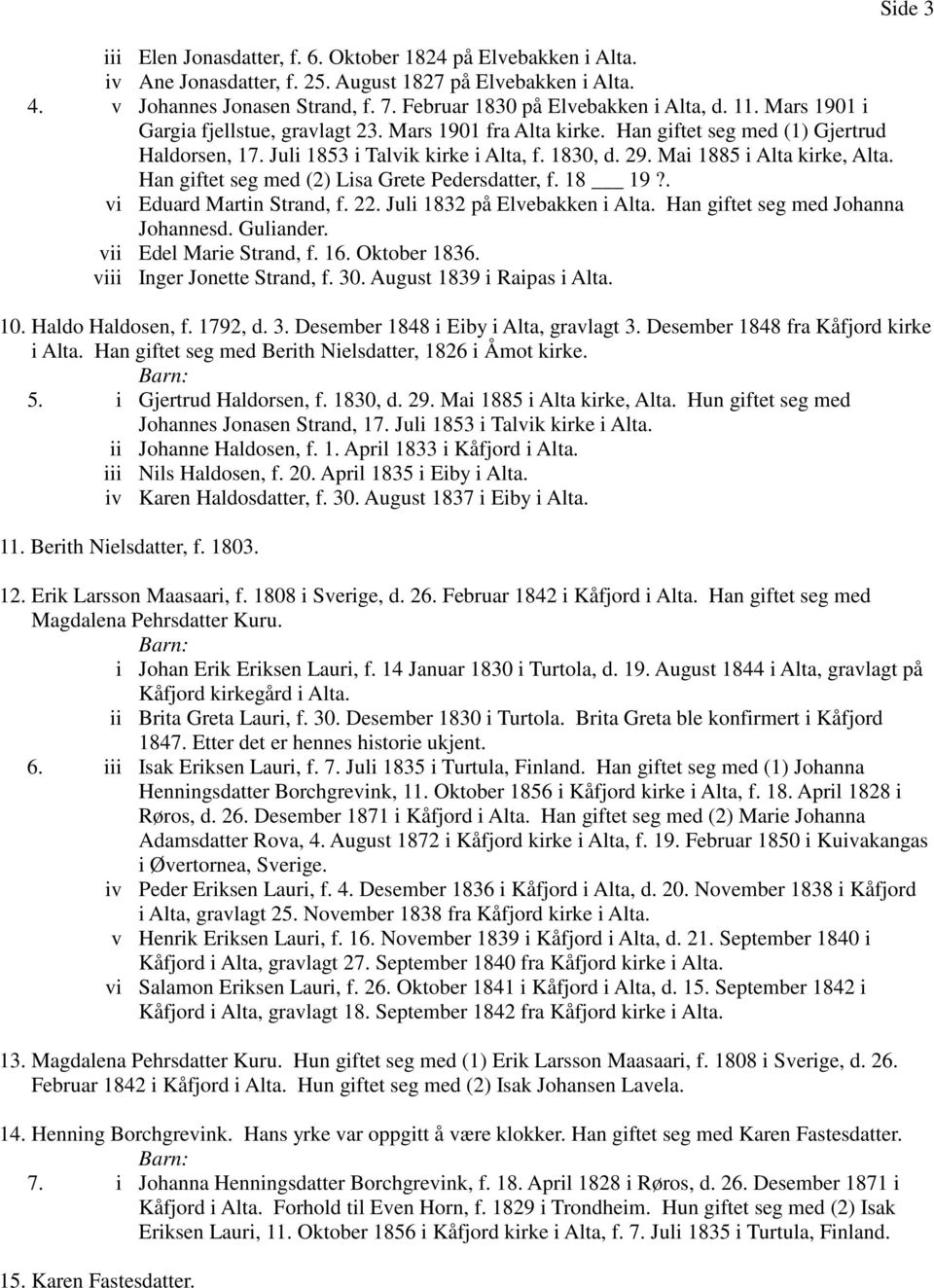 Han giftet seg med (2) Lisa Grete Pedersdatter, f. 18 19?. vi Eduard Martin Strand, f. 22. Juli 1832 på Elvebakken i Alta. Han giftet seg med Johanna Johannesd. Guliander. vii Edel Marie Strand, f.