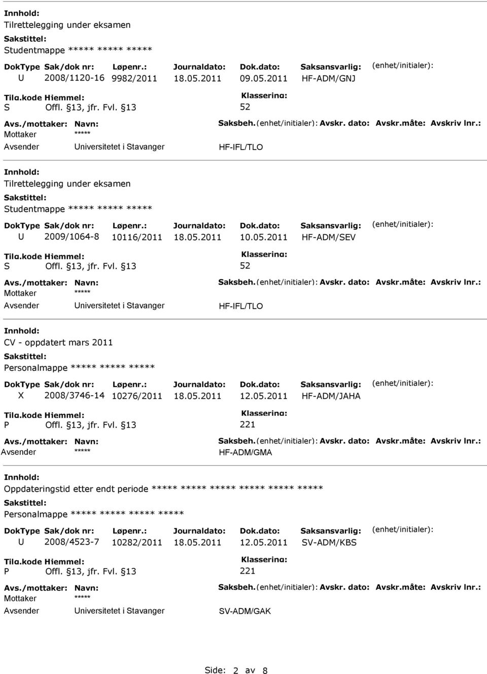 måte: Avskriv lnr.: niversitetet i tavanger HF-FL/TLO CV - oppdatert mars 2011 ersonalmappe ***** ***** ***** X 2008/3746-14 10276/2011 12.05.2011 HF-ADM/JAHA Avs./mottaker: Navn: aksbeh. Avskr. dato: Avskr.