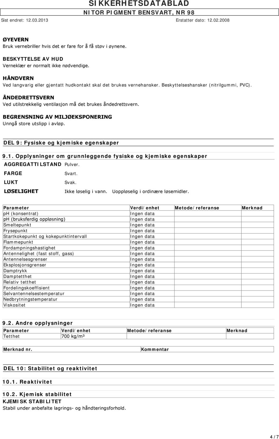 BEGRENSNING AV MILJØEKSPONERING Unngå store utslipp i avløp. DEL 9: Fysiske og kjemiske egenskaper 9.1. Opplysninger om grunnleggende fysiske og kjemiske egenskaper AGGREGATTILSTAND Pulver.