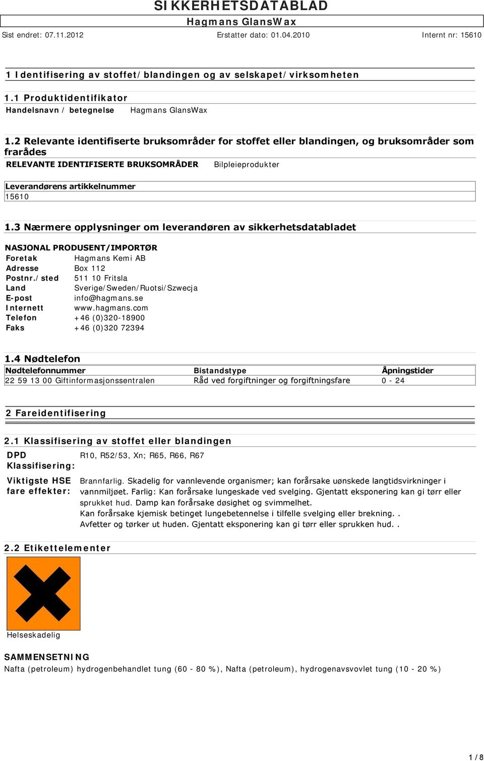 3 Nærmere opplysninger om leverandøren av sikkerhetsdatabladet NASJONAL PRODUSENT/IMPORTØR Foretak Hagmans Kemi AB Adresse Box 112 Postnr.