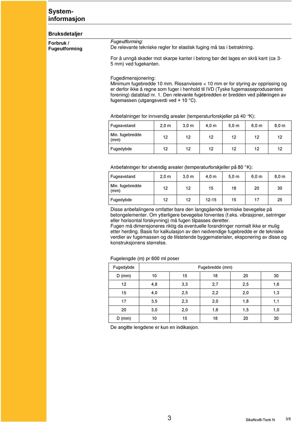 Rissanvisere < 10 mm er for styring av opprissing og er derfor ikke å regne som fuger i henhold til IVD (Tyske fugemasseprodusenters forening) datablad nr. 1. Den relevante fugebredden er bredden ved påføringen av fugemassen (utgangsverdi ved + 10 C).