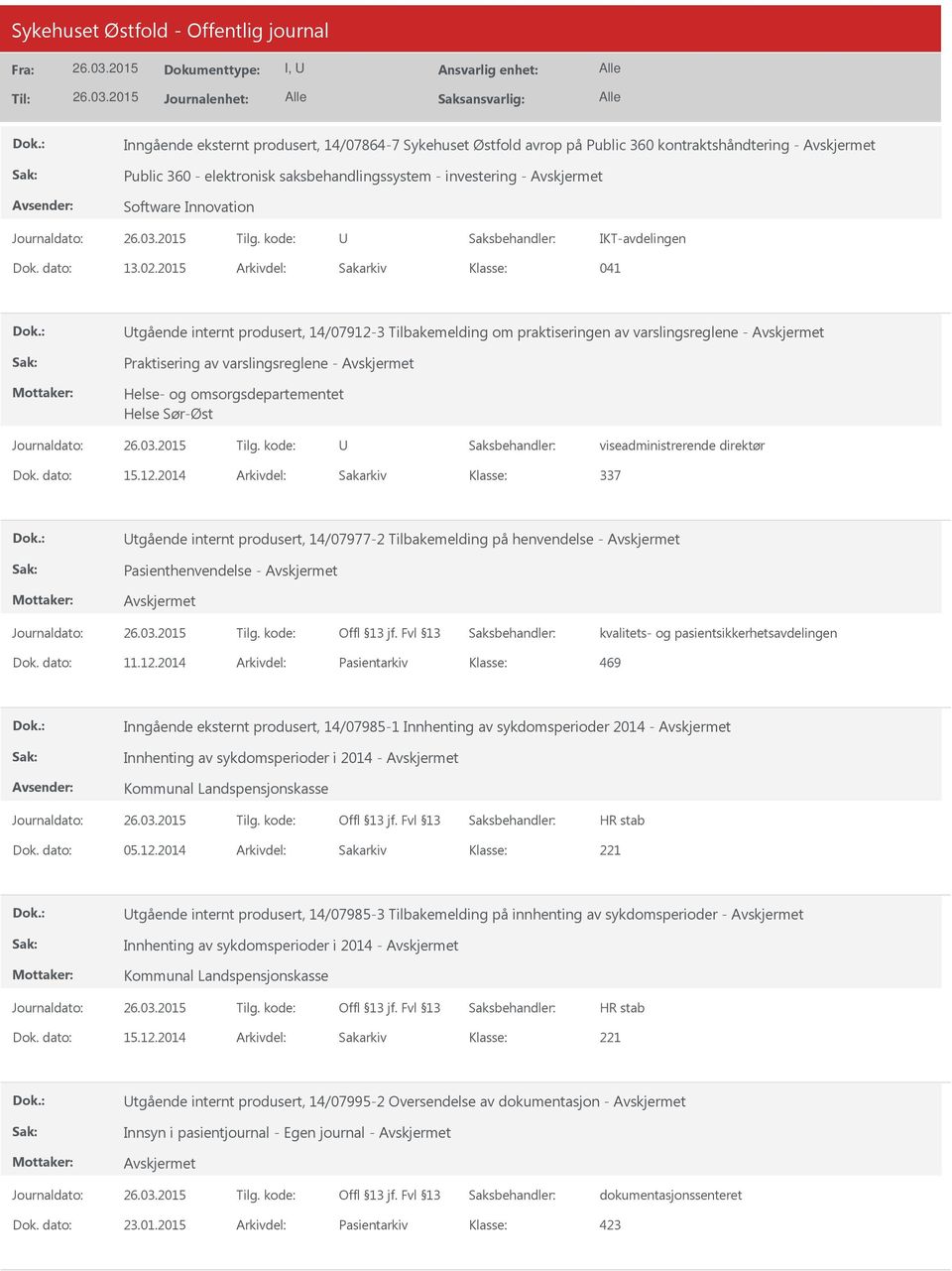 2015 Arkivdel: Sakarkiv 041 tgående internt produsert, 14/07912-3 Tilbakemelding om praktiseringen av varslingsreglene - Praktisering av varslingsreglene - Helse- og omsorgsdepartementet Helse