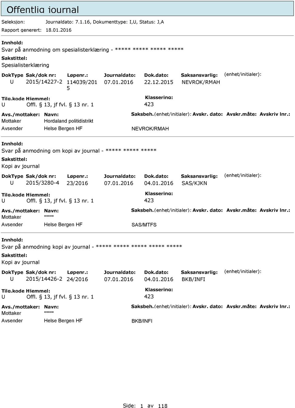 dato: Avskr.måte: Avskriv lnr.: Mottaker Hordaland politidistrikt NEVROK/RMAH Svar på anmodning om kopi av journal - ***** ***** ***** Kopi av journal 2015/3280-4 23/2016 04.01.2016 SAS/KJKN Avs.