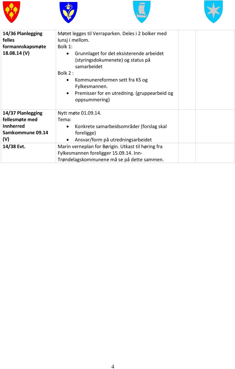 Premisser for en utredning. (gruppearbeid og oppsummering) 14/37 Planlegging fellesmøte med Nytt møte 01.09.14. Tema: Innherred Samkommune 09.