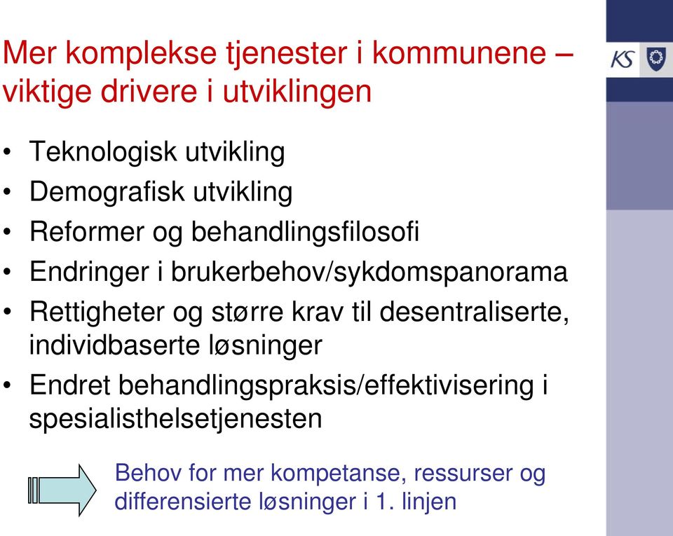 større krav til desentraliserte, individbaserte løsninger Endret behandlingspraksis/effektivisering