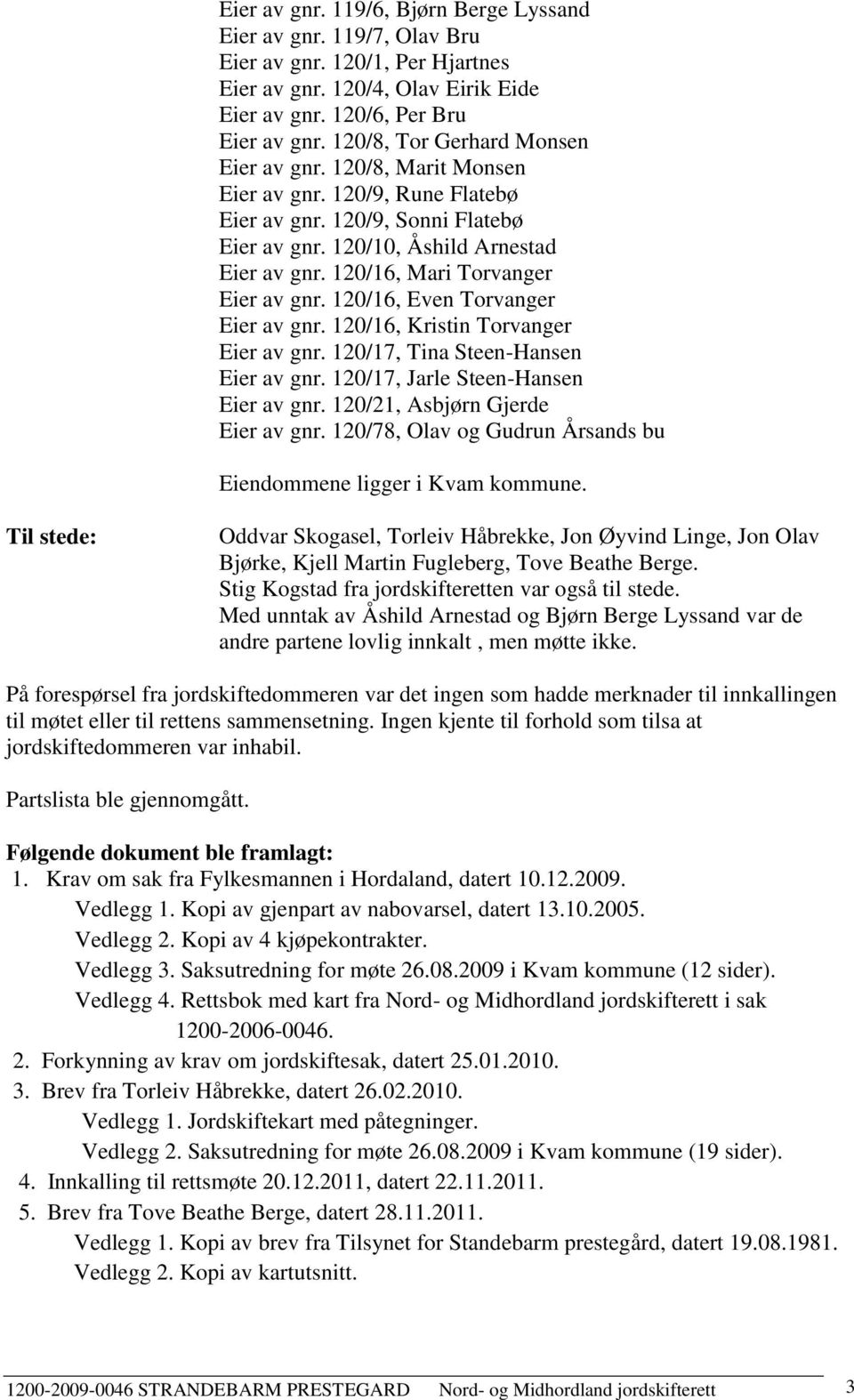 120/16, Mari Torvanger Eier av gnr. 120/16, Even Torvanger Eier av gnr. 120/16, Kristin Torvanger Eier av gnr. 120/17, Tina Steen-Hansen Eier av gnr. 120/17, Jarle Steen-Hansen Eier av gnr.