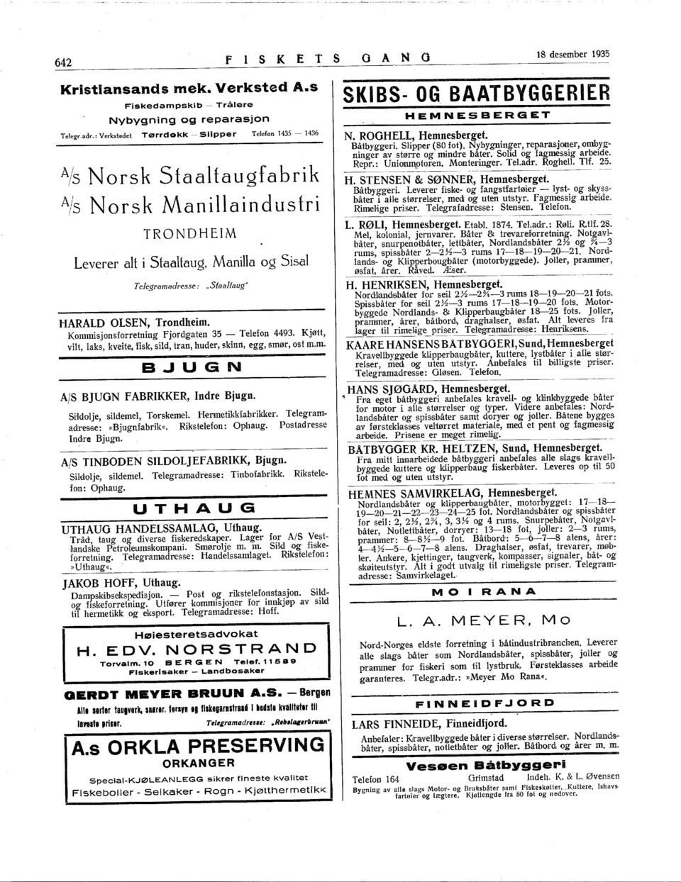 "Sfaalfaug" HARALD OLSEN, Trondheim. Kommisjonsforretning Fjordgaten 35 Telefon 4493. Kjøtt, vilt, laks, kveite, fisk, sild, tran, huder, skinn, egg, smø,r, ost m.m. BJUGN AlS BJUGN fabrkker, ndre Bjugn.