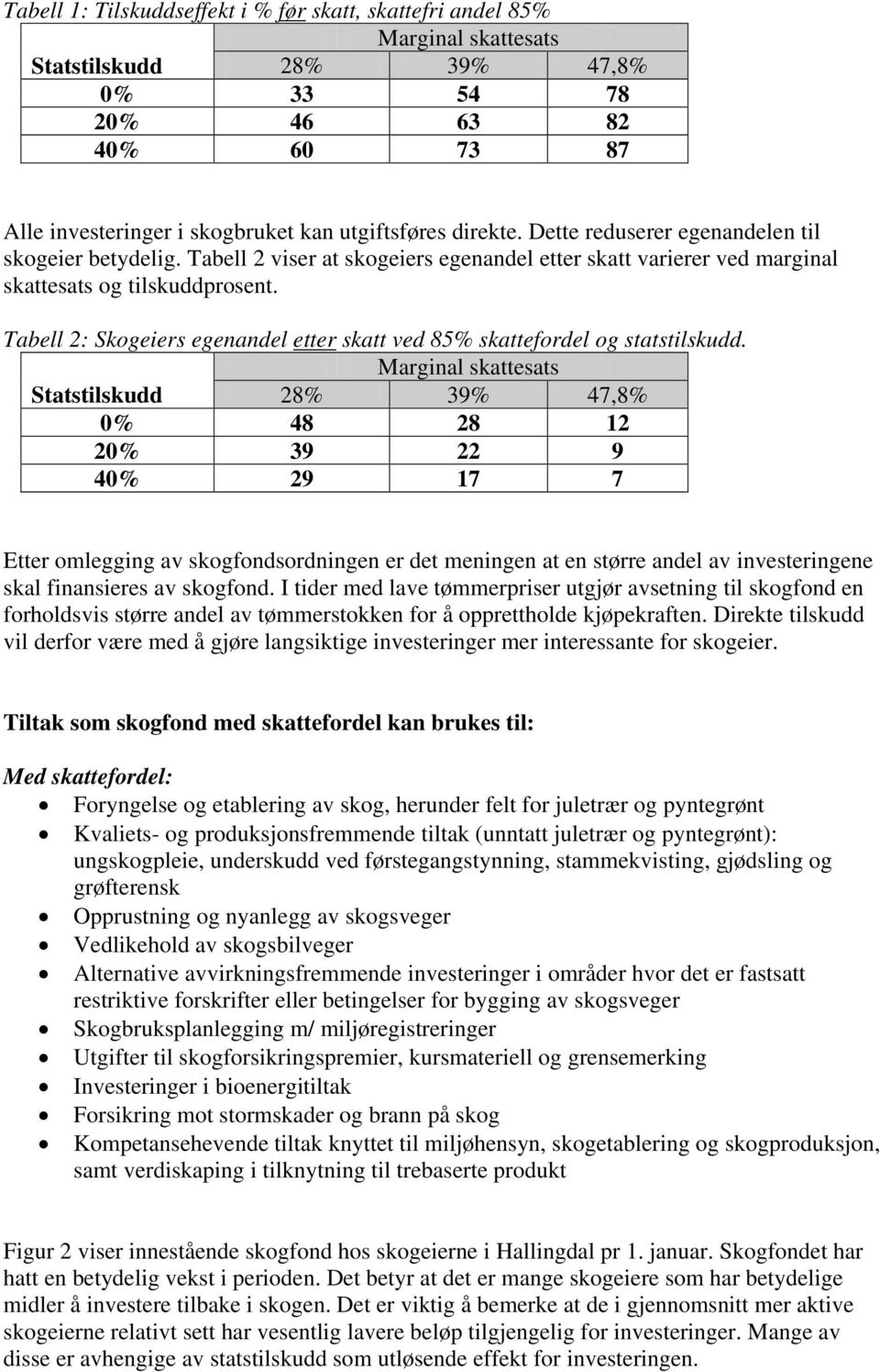 Tabell 2: Skogeiers egenandel etter skatt ved 85% skattefordel og statstilskudd.