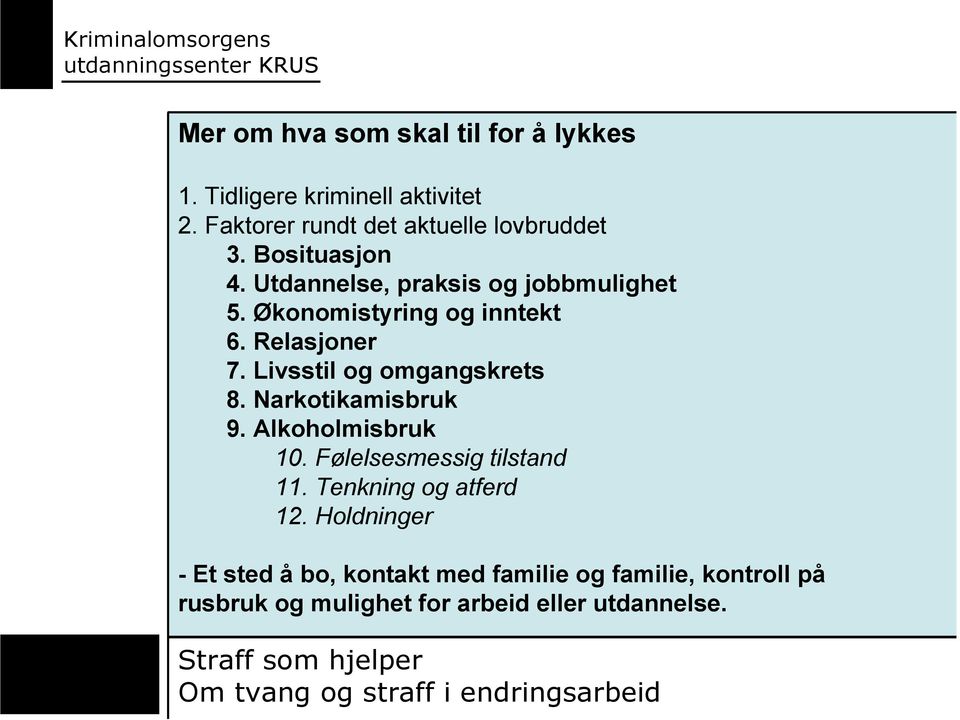 Økonomistyring og inntekt 6. Relasjoner 7. Livsstil og omgangskrets 8. Narkotikamisbruk 9. Alkoholmisbruk 10.