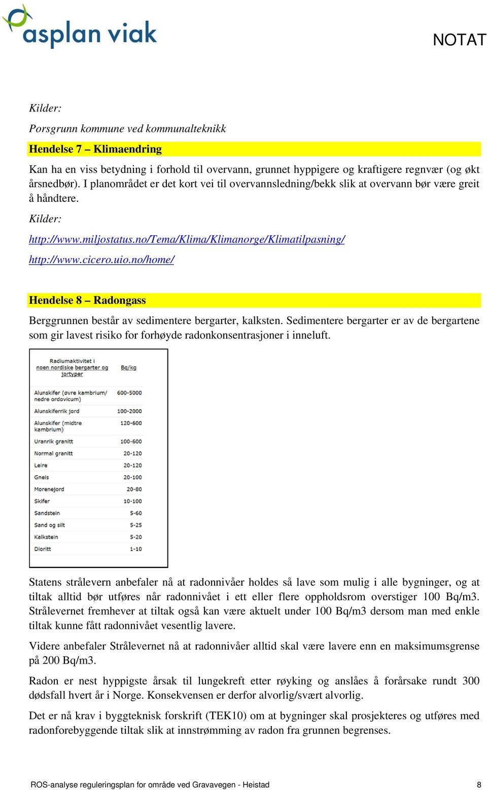 no/home/ Hendelse 8 Radongass Berggrunnen består av sedimentere bergarter, kalksten. Sedimentere bergarter er av de bergartene som gir lavest risiko for forhøyde radonkonsentrasjoner i inneluft.