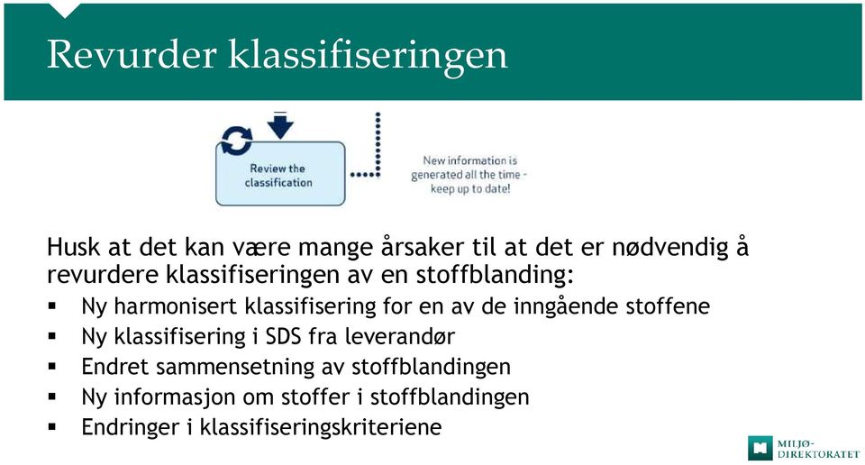 de inngående stoffene Ny klassifisering i SDS fra leverandør Endret sammensetning av