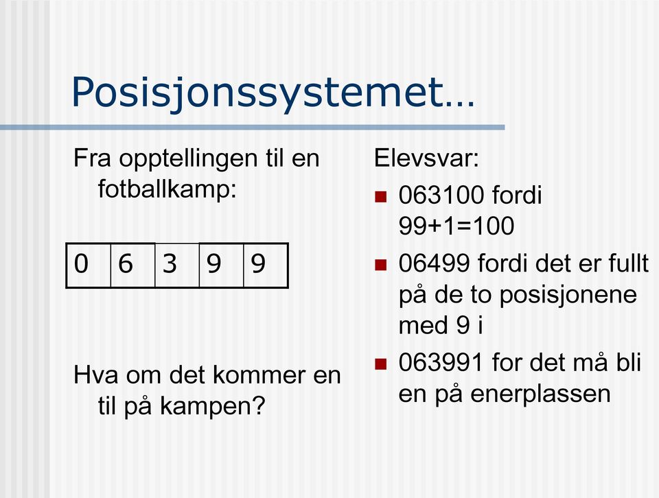 Elevsvar: 063100 fordi 99+1=100 06499 fordi det er fullt