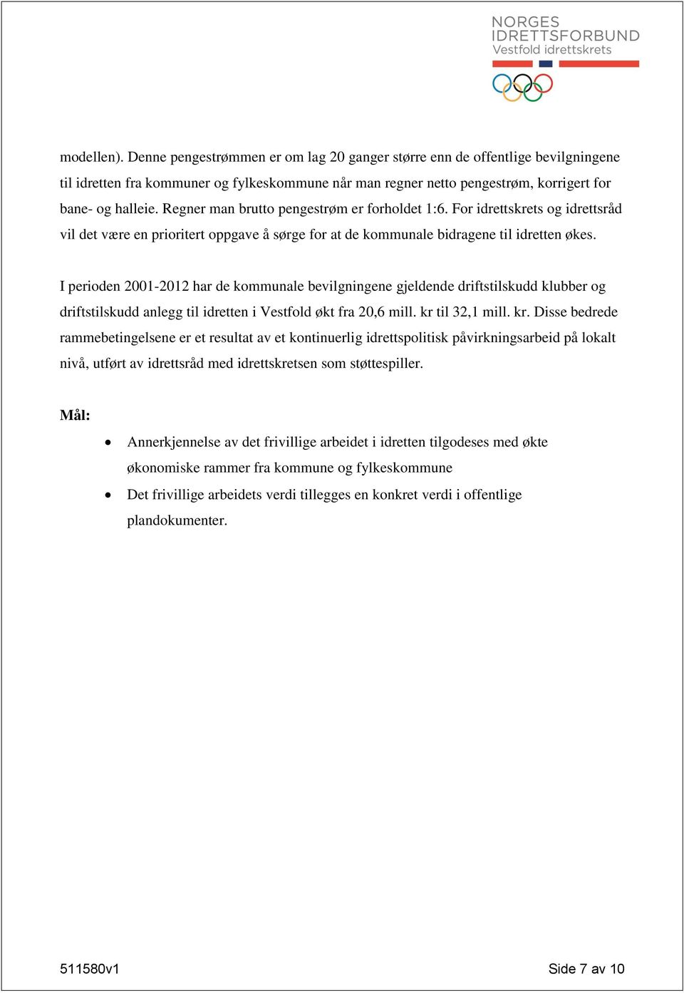 I perioden 2001-2012 har de kommunale bevilgningene gjeldende driftstilskudd klubber og driftstilskudd anlegg til idretten i Vestfold økt fra 20,6 mill. kr 