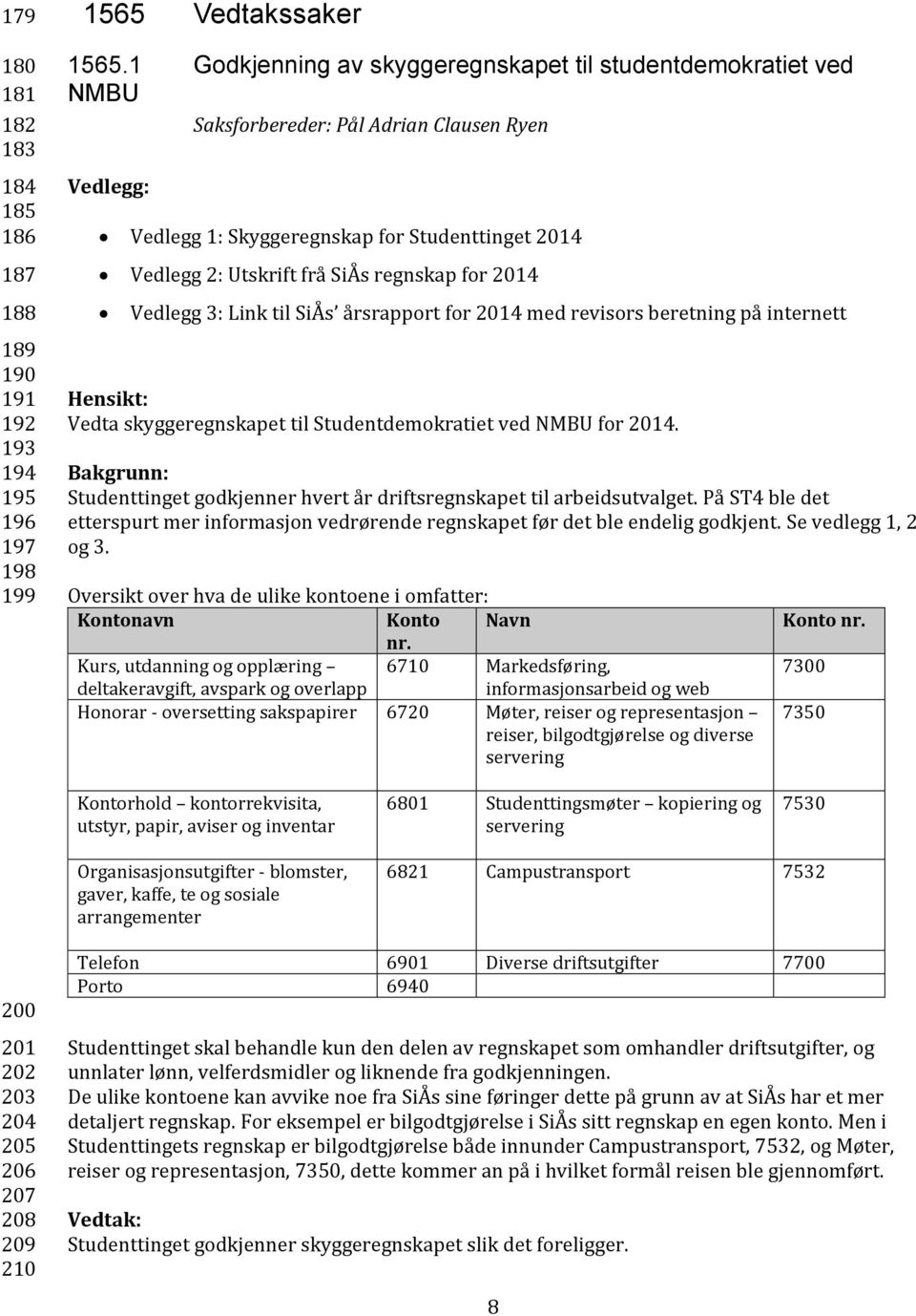 regnskap for 2014 Vedlegg 3: Link til SiÅs årsrapport for 2014 med revisors beretning på internett Vedta skyggeregnskapet til Studentdemokratiet ved NMBU for 2014.