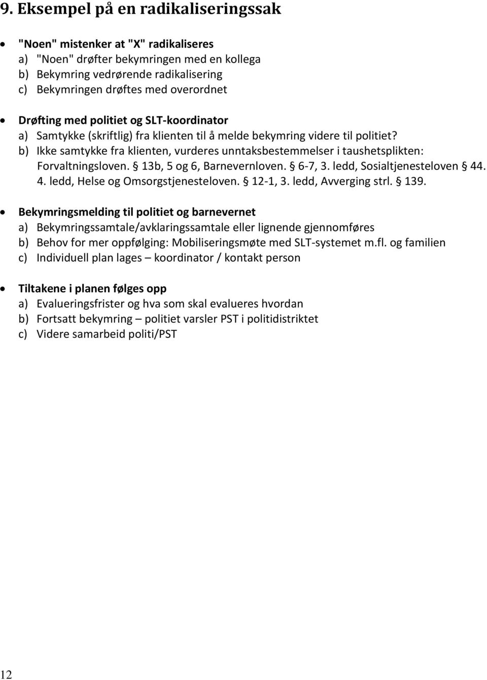 b) Ikke samtykke fra klienten, vurderes unntaksbestemmelser i taushetsplikten: Forvaltningsloven. 13b, 5 og 6, Barnevernloven. 6-7, 3. ledd, Sosialtjenesteloven 44. 4. ledd, Helse og Omsorgstjenesteloven.