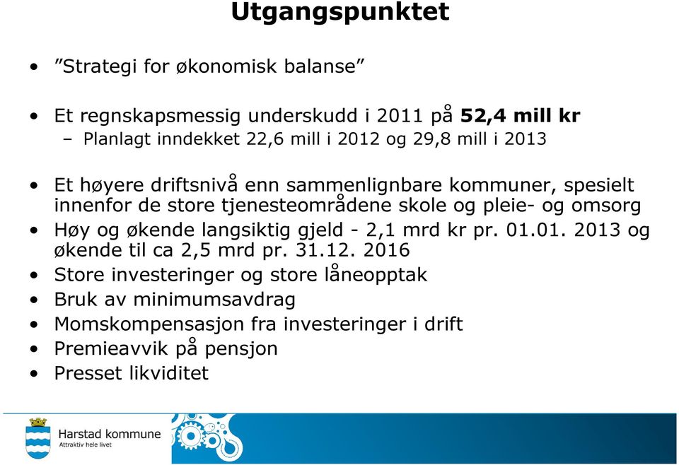 pleie- og omsorg Høy og økende langsiktig gjeld - 2,1 mrd kr pr. 01.01. 2013 og økende til ca 2,5 mrd pr. 31.12.
