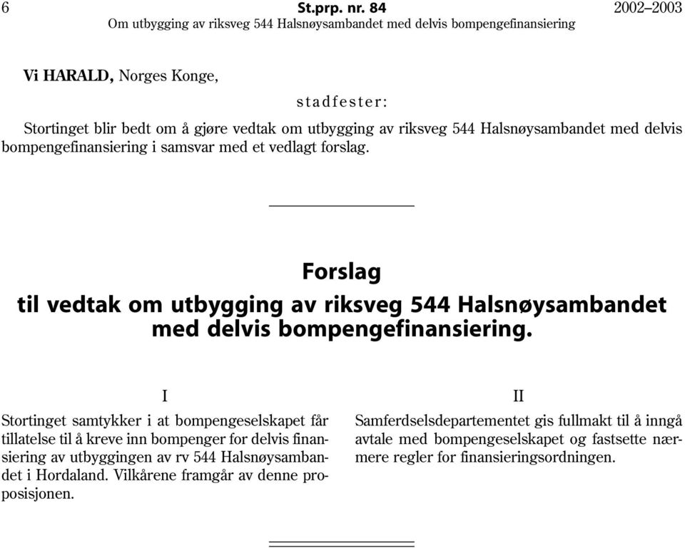 bompengefinansiering i samsvar med et vedlagt forslag. Forslag til vedtak om utbygging av riksveg 544 Halsnøysambandet med delvis bompengefinansiering.