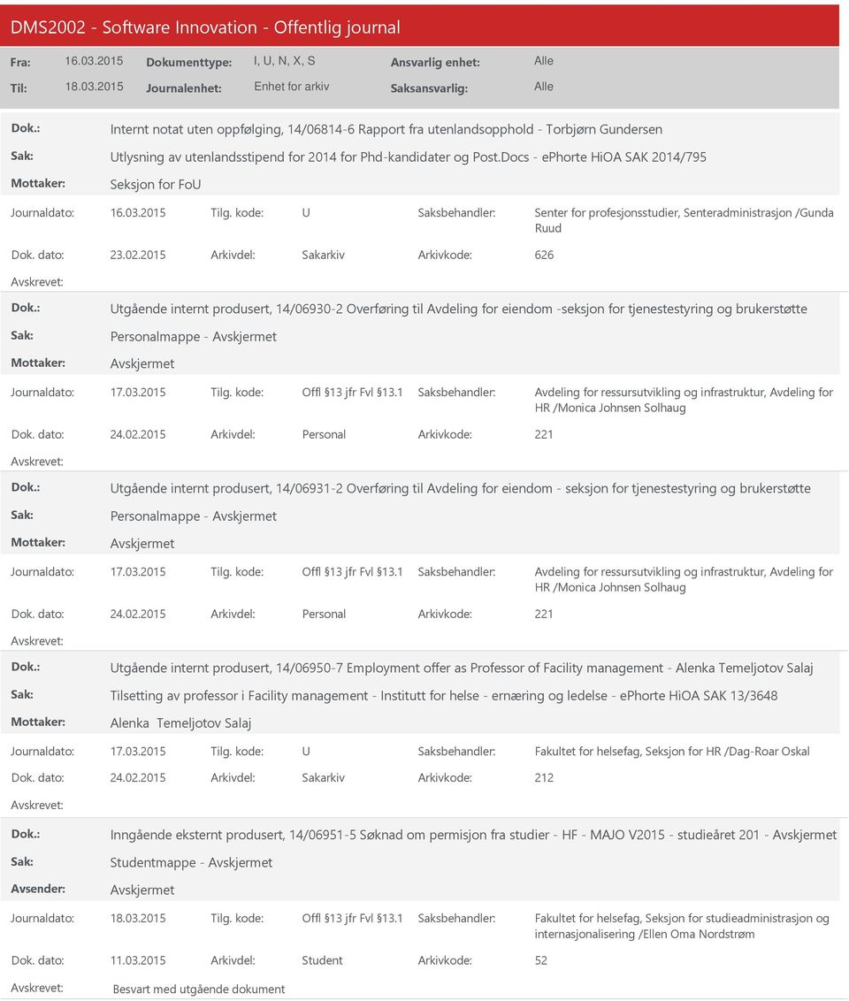 2015 Arkivdel: Sakarkiv Arkivkode: 626 tgående internt produsert, 14/06930-2 Overføring til Avdeling for eiendom -seksjon for tjenestestyring og brukerstøtte Personalmappe - HR /Monica Johnsen