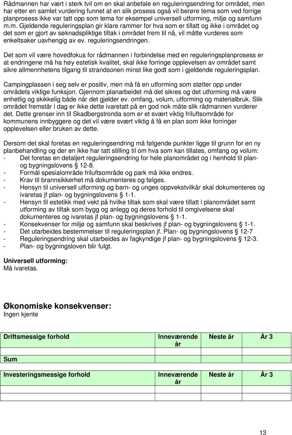 tema for eksempel universell utforming, miljø og samfunn m.m. Gjeldende reguleringsplan gir klare rammer for hva som er tillatt og ikke i området og det som er gjort av søknadspliktige tiltak i