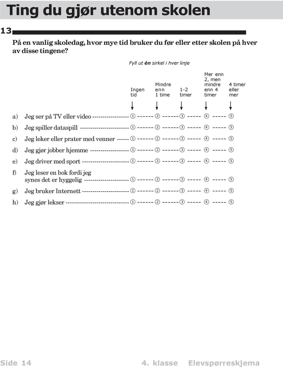 ----- 5 b) Jeg spiller dataspill ------------------------ 1 ------ 2 ------3 ----- 4 ----- 5 c) Jeg leker eller prater med venner ------ 1 ------ 2 ------3 ----- 4 ----- 5 d) Jeg gjør jobber hjemme
