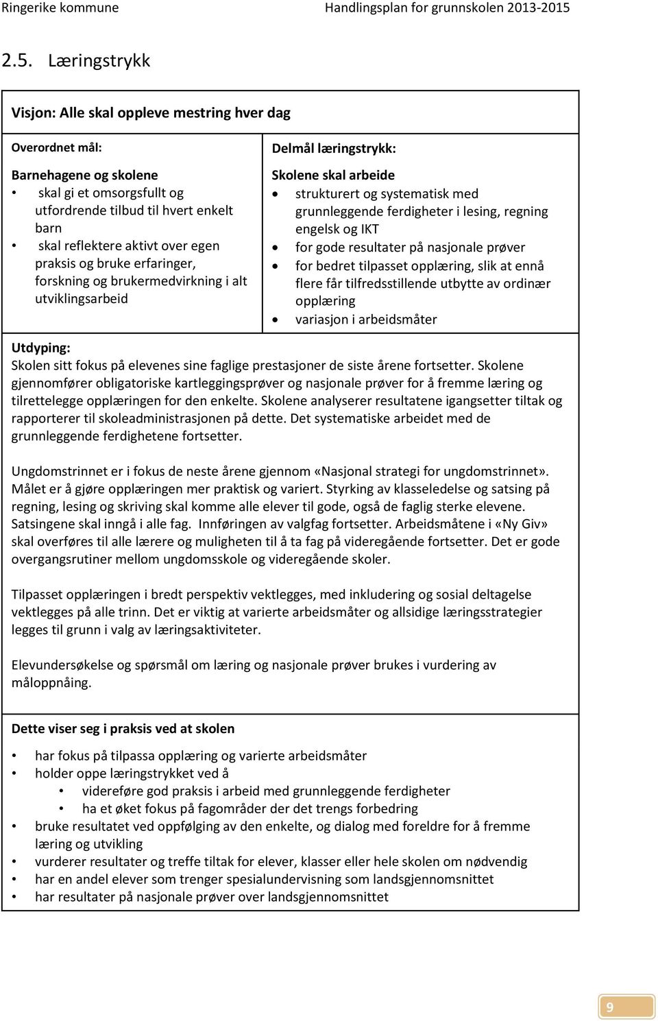 regning engelsk og IKT for gode resultater på nasjonale prøver for bedret tilpasset opplæring, slik at ennå flere får tilfredsstillende utbytte av ordinær opplæring variasjon i arbeidsmåter Utdyping: