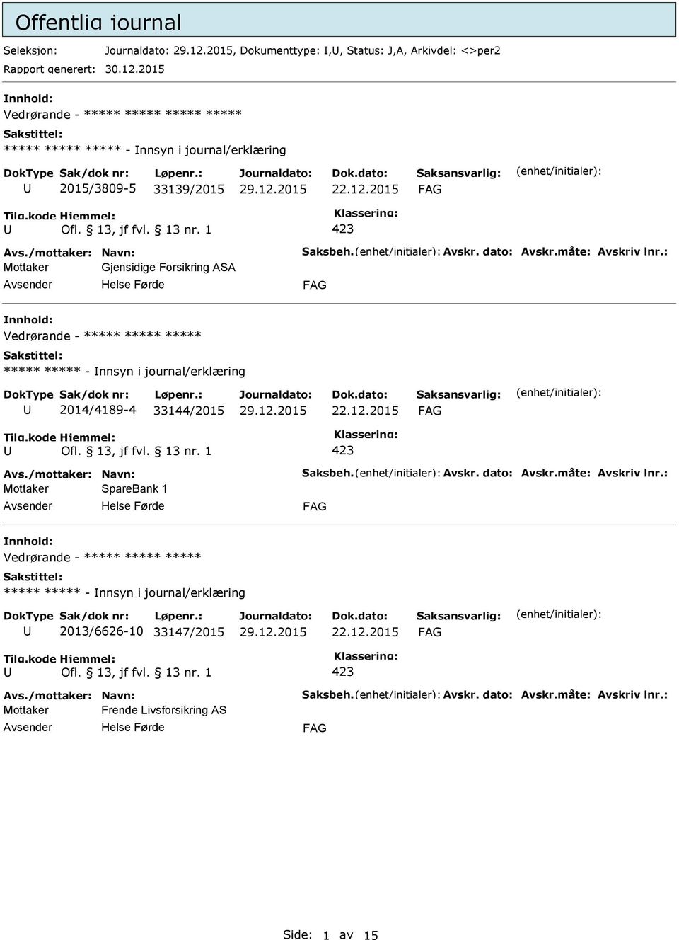 måte: Avskriv lnr.: Mottaker Gjensidige Forsikring ASA nnhold: Vedrørande - ***** ***** ***** ***** ***** - nnsyn i journal/erklæring 2014/4189-4 33144/2015 22.12.2015 Avs.