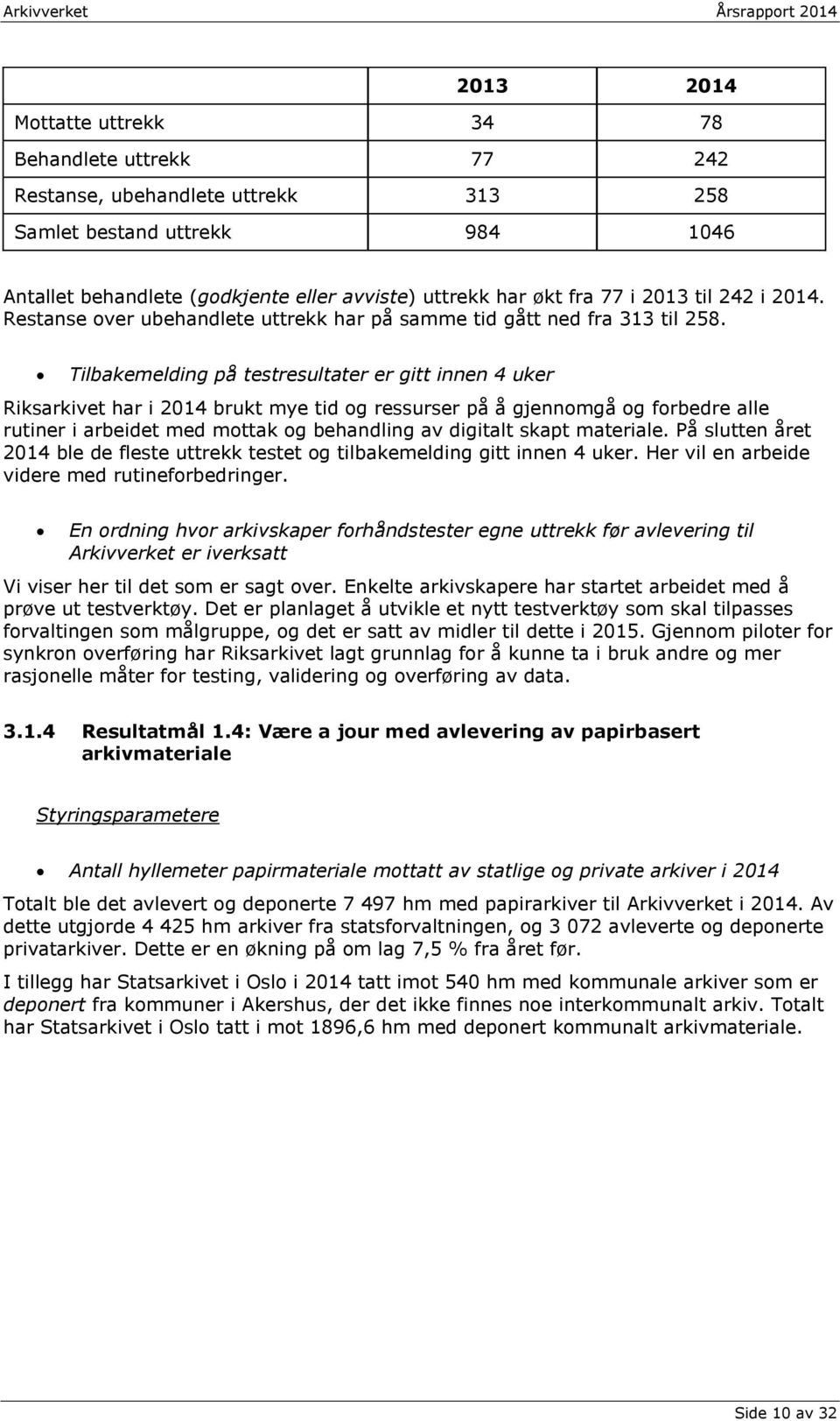 Tilbakemelding på testresultater er gitt innen 4 uker Riksarkivet har i 2014 brukt mye tid og ressurser på å gjennomgå og forbedre alle rutiner i arbeidet med mottak og behandling av digitalt skapt