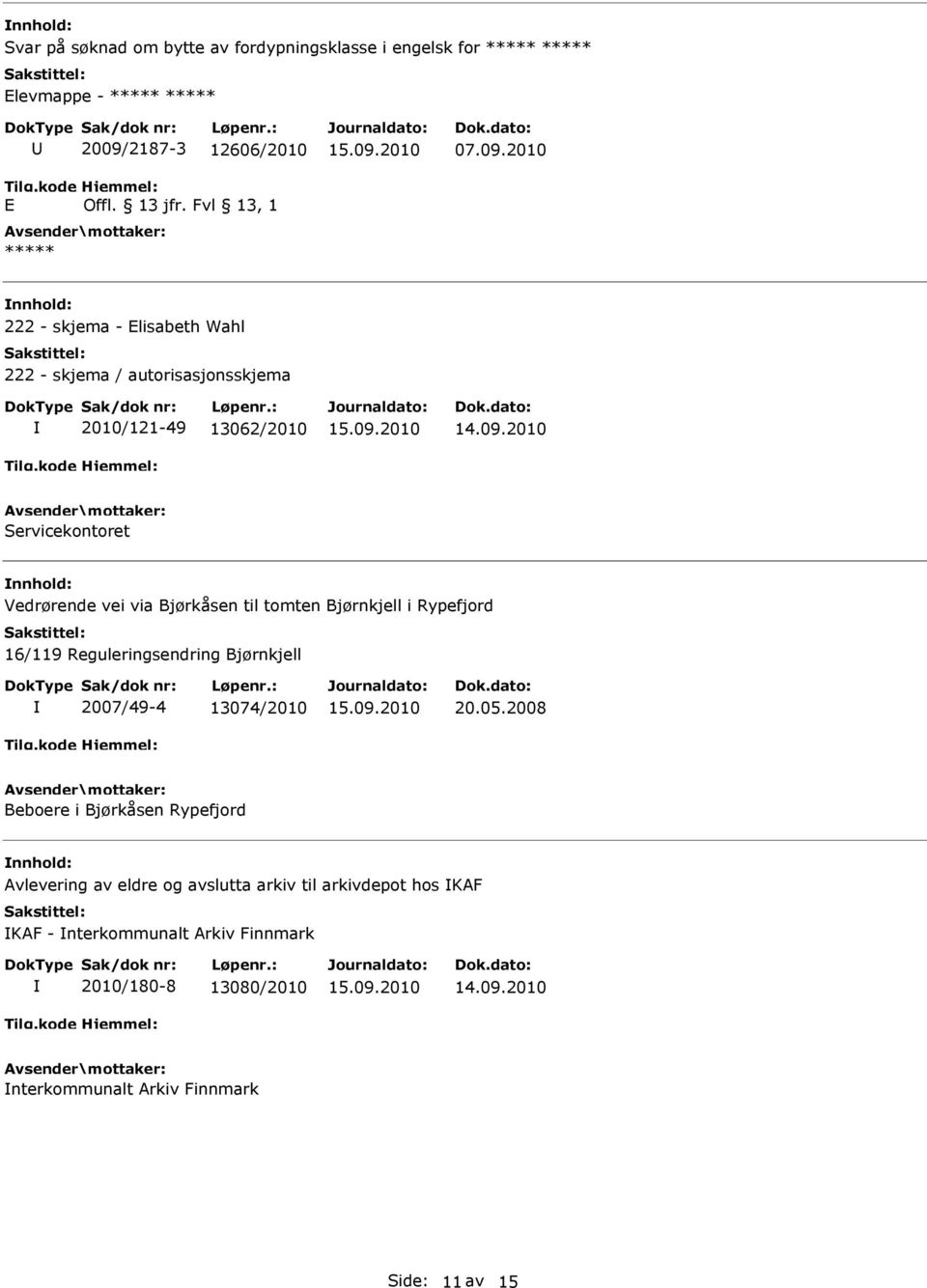 09.2010 Servicekontoret Vedrørende vei via Bjørkåsen til tomten Bjørnkjell i Rypefjord 16/119 Reguleringsendring Bjørnkjell 2007/49-4