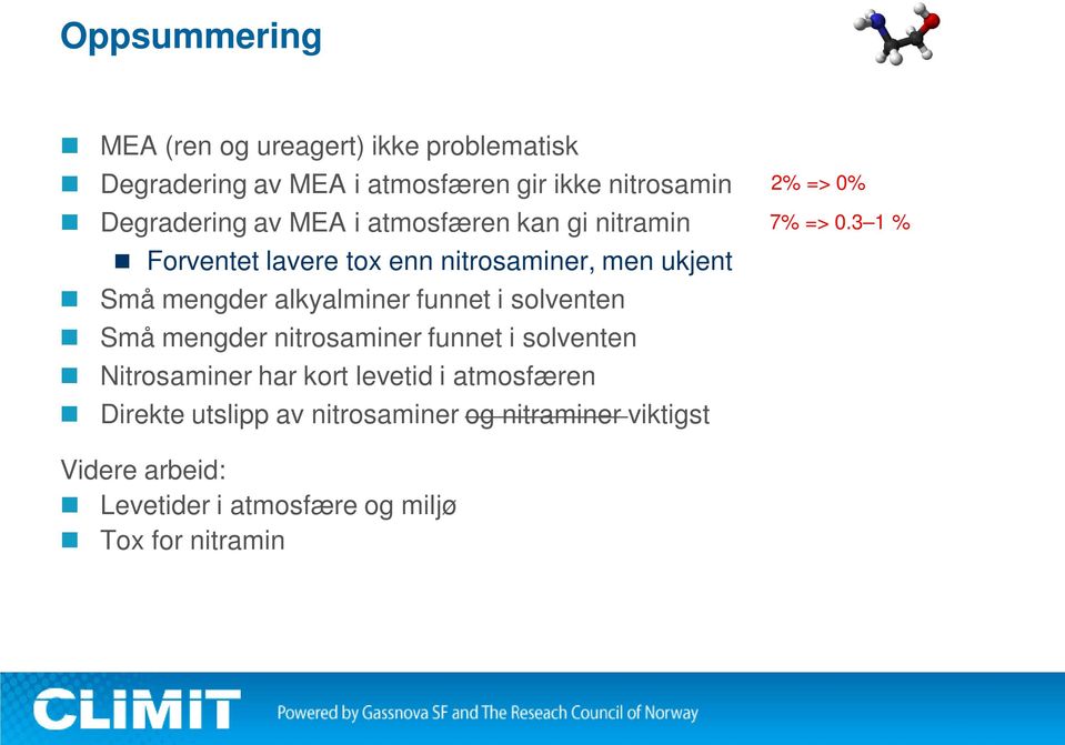 solventen Små mengder nitrosaminer funnet i solventen Nitrosaminer har kort levetid i atmosfæren Direkte utslipp av