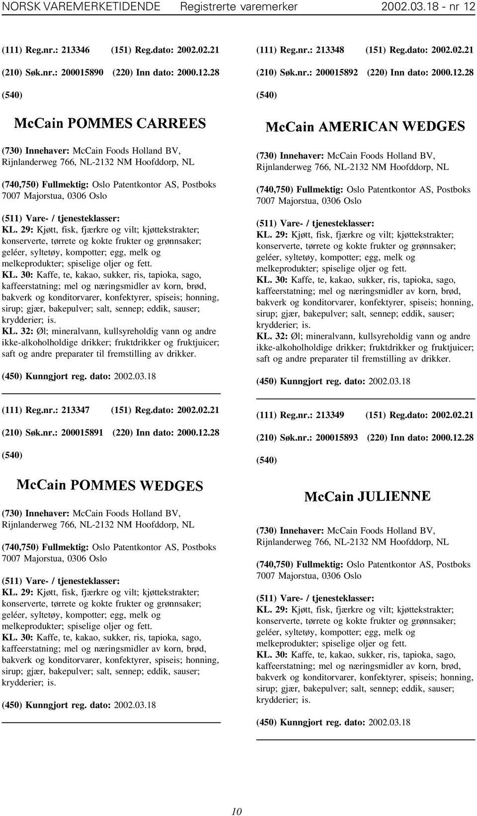 28 (730) Innehaver: McCain Foods Holland BV, Rijnlanderweg 766, NL-2132 NM Hoofddorp, NL (740,750) Fullmektig: Oslo Patentkontor AS, Postboks 7007 Majorstua, 0306 Oslo KL.