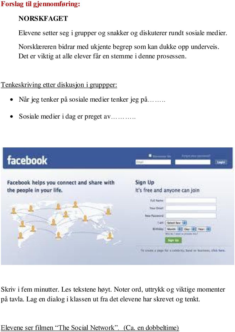 Tenkeskriving etter diskusjon i gruppper: Når jeg tenker på sosiale medier tenker jeg på.. Sosiale medier i dag er preget av.