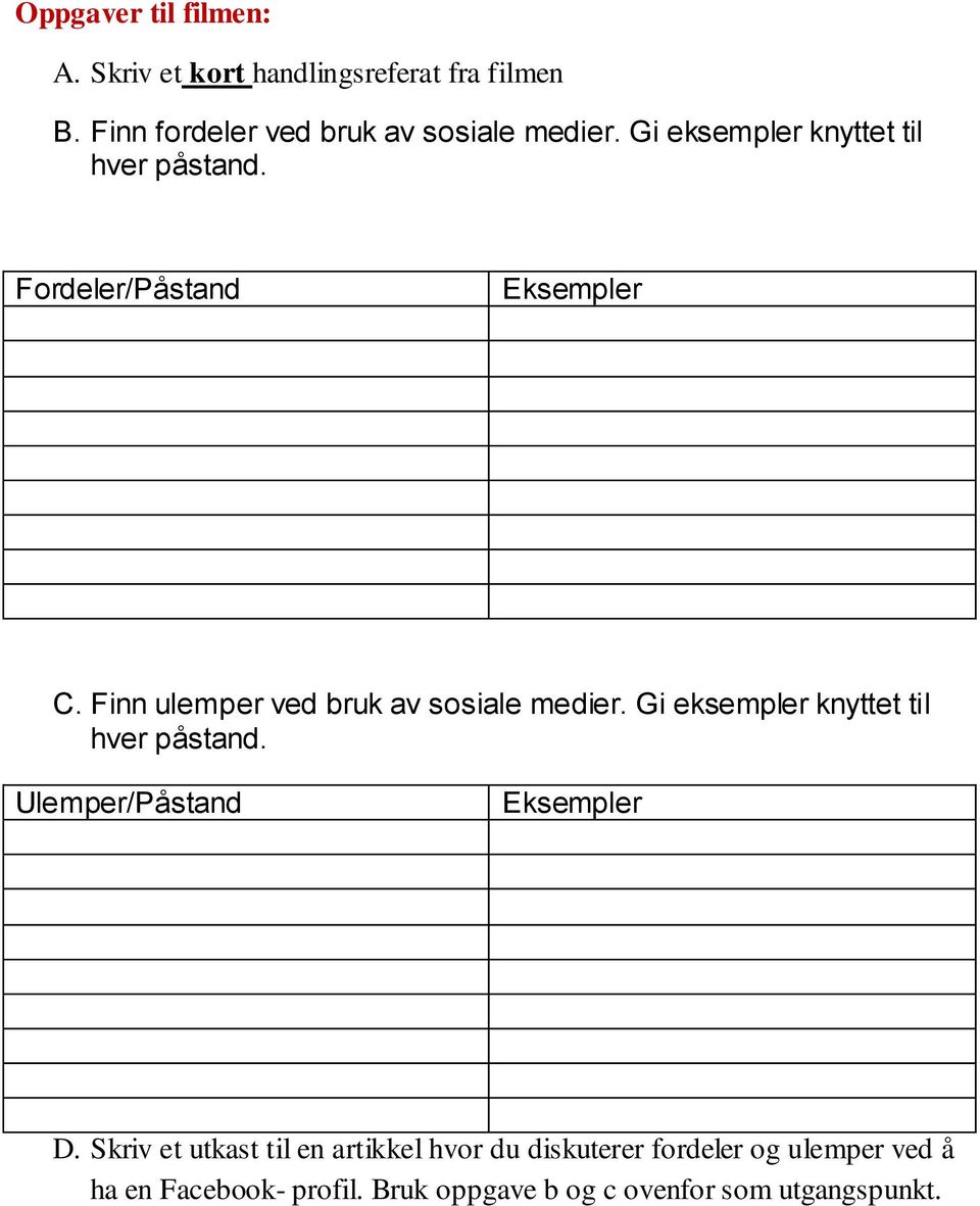 Fordeler/Påstand Eksempler C. Finn ulemper ved bruk av sosiale medier. Gi eksempler knyttet til hver påstand.